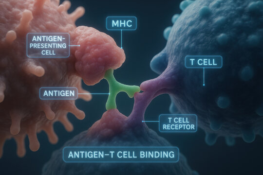 Precise medical artwork showing antigen T cell binding process. This educational visualization details immunology receptor and cell interaction for scientific study