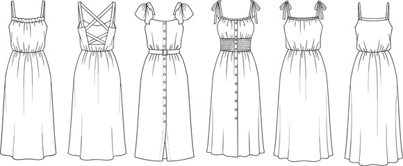 Women's summer dresses fashion flat sketch, CAD fashion illustration, sleeveless dress design, front and back views, vector template