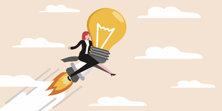 Businesswoman riding a rocket powered by a bright idea lightbulb