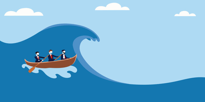 Businessmen rowing a boat through a giant wave