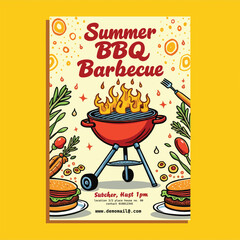 Summer Grill Event Poster Illustration with Burgers, BBQ Grill and Fresh Ingredients