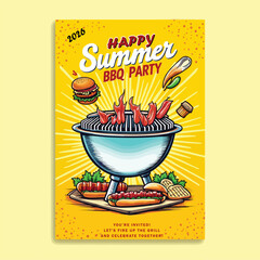 Happy Summer BBQ Poster Illustration with Grill, Food Icons and Bright Colors