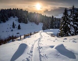 Snowy path leads through a forest at sunrise or sunset