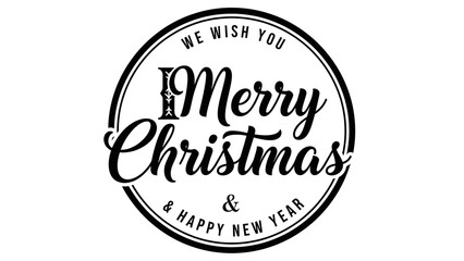 Black and white circular stamp or badge design with stylized text wishing we wish you merry christmas happy new year isolated on white background