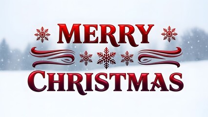 Festive red text reading merry christmas decorated with snowflakes and ornate swirls over a soft, snowy winter landscape background