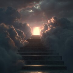 A stairway ascends through swirling clouds toward a radiant, luminous gateway, beckoning with hope and promise in the celestial expanse above in the sky.
