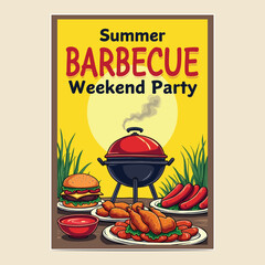 Happy Summer BBQ Poster Illustration with Grill, Food Icons and Bright Colors