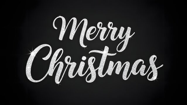 Elegant white glitter script text saying merry christmas written on a dark black chalkboard background, perfect for holiday greeting cards and seasonal design