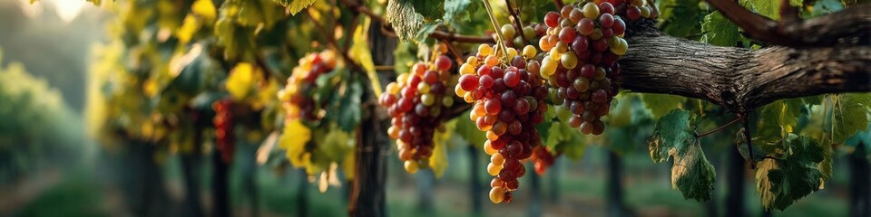 Lush grapes hang heavy from vines in the sunlit vineyard, promising a rich harvest in the idyllic vineyard-style orchard, ready for winemaking.