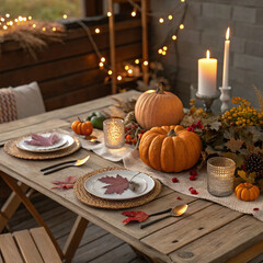 Naklejka premium Thanksgiving Day Gathering – Cozy Autumn Decor with Pumpkins, Fall Leaves, and Warm Lighting