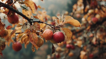 Ripe s hang from branches adorned with golden leaves in a peaceful autumn orchard, bathed in the soft light of the fall season, evoking a sense of harvest.