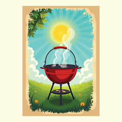 Summer Barbecue Illustration with Outdoor Grills, Smoke and Bright Sunshine