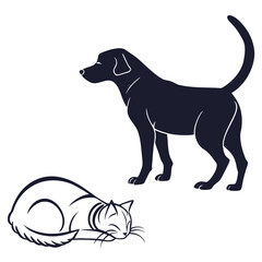 Dark blue cat and dog silhouettes on white background