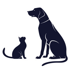 Dark blue cat and dog silhouettes looking at each other