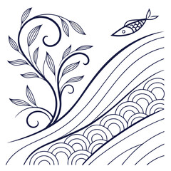 Fototapeta premium Dark blue line art fish and plant on wavy background