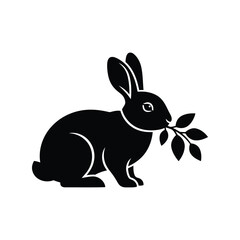 Black rabbit silhouette eating leaf branch vector logo icon