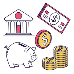 Finance banking piggy bank money coins and banknote icons