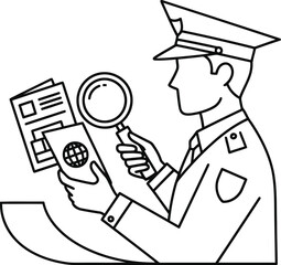 Border control officer examining passport and document with magnifying glass isolated on white background