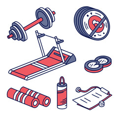 Fitness equipment icons dumbbell treadmill foam rollers