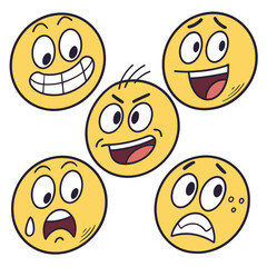 Five yellow cartoon faces with different expressions