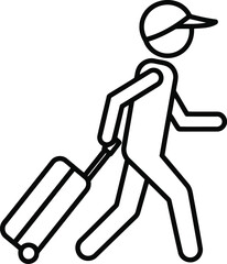Simple line icon of a traveler person walking with a rolling suitcase isolated on white background