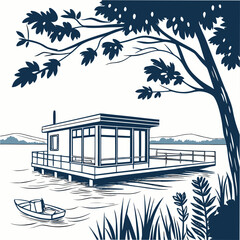 Floating house with pier and boat on lake vector water