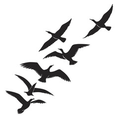 Flock of black birds flying in formation silhouette