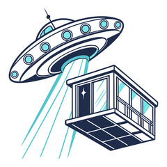 Flying saucer abducting futuristic pod house with blue beams