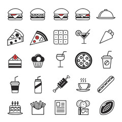 Food and drink icons on white background burger pizza