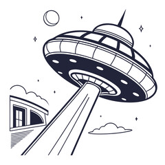 Flying saucer emitting beam over building vector illustration