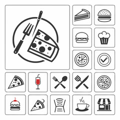 Food and restaurant icons in a grid pizza