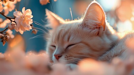 A close-up of a sleeping cat surrounded by delicate pink flowers, bathed in warm sunlight. The cat is resting peacefully, creating a serene and tranquil scene.