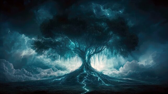 A large tree is illuminated by lightning in a dramatic, stormy sky. The image evokes a sense of power and awe, with dark clouds and flashes of light.