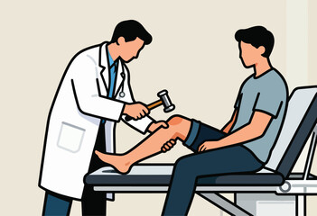 Fototapeta premium A doctor examines a patient's knee with a reflex hammer. The patient sits on a medical exam table