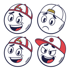 Four cartoon faces with baseball caps and different expressions