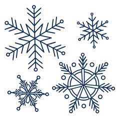 Four blue line art snowflakes on white background winter