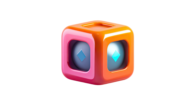 Vibrant glossy 3D cube with rounded edges colorful surfaces and glowing geometric elements in modern futuristic style isolated on white background