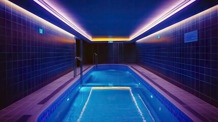 An indoor swimming pool with neon lighting in a modern spa setting. The pool is surrounded by tiled walls and a tiled floor.