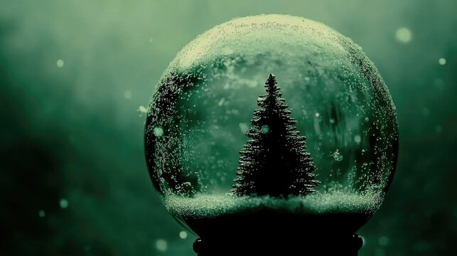 A snow globe with a miniature Christmas tree inside, set against a blurred green background, creating a wintery and magical atmosphere.