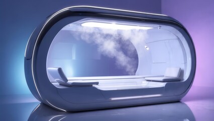 Futuristic, minimalist pod-like structure with vapor inside; two seating areas