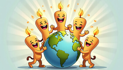 World Day of Lighted Candles. Happy candles embracing the globe, symbolizing joy and unity in a playful atmosphere