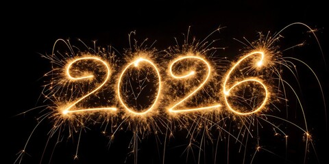 Bright golden sparklers illuminate the year 2026 against a dark night sky symbolizing celebration and new beginnings