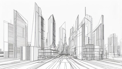Detailed pen and ink drawing of a futuristic city skyline, perspective view, showcasing skyscrapers