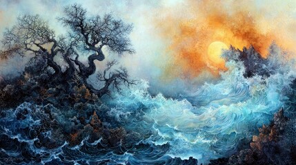 An artistic painting of a tree on a rocky shore, surrounded by waves, with a sunset in the background.