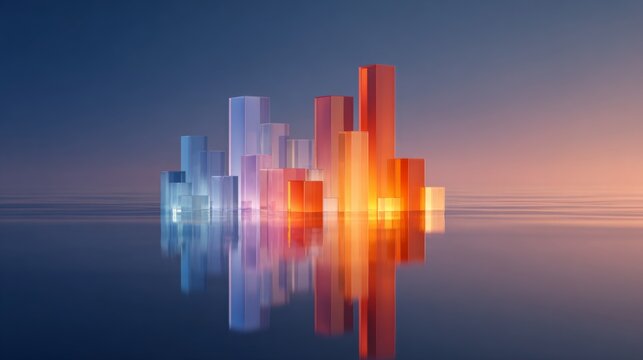 Abstract color cityscape with reflected geometric glass shapes in vibrant hues, showcasing a tranquil and modern artistic landscape at twilight