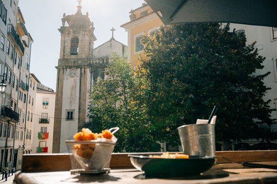 Breakfast at a Caf&eacute; Near a Beautiful Church in Coimbra, Portugal