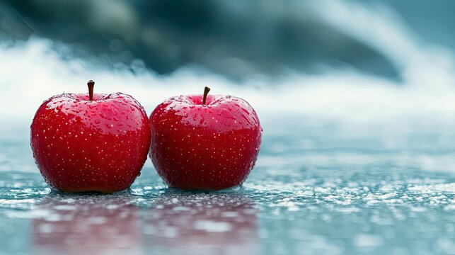 Two vibrant red apples with water droplets on a wet surface, creating an atmospheric and refreshing scene.