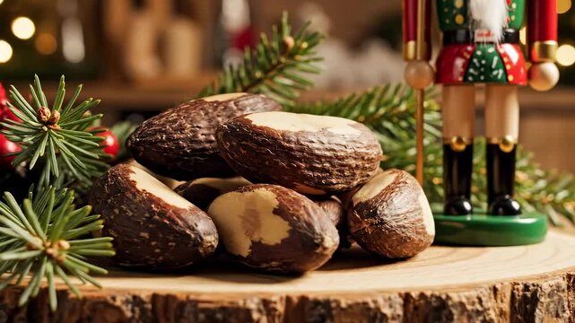 Large Brazil nuts on rustic wooden platter with festive merry Christmas decorations, including evergreen branches and a nutcracker, warm cozy atmosphere