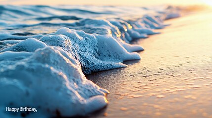 Close-up of ocean waves crashing onto a sandy beach at sunset, creating a serene and peaceful coastal scene.
