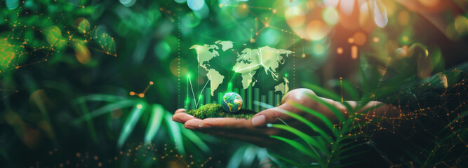 Hand Holding the World: A digitally enhanced image reveals a hand cradling a miniature world, symbol of care, responsibility and sustainability, interwoven with nature, plants and leaves.